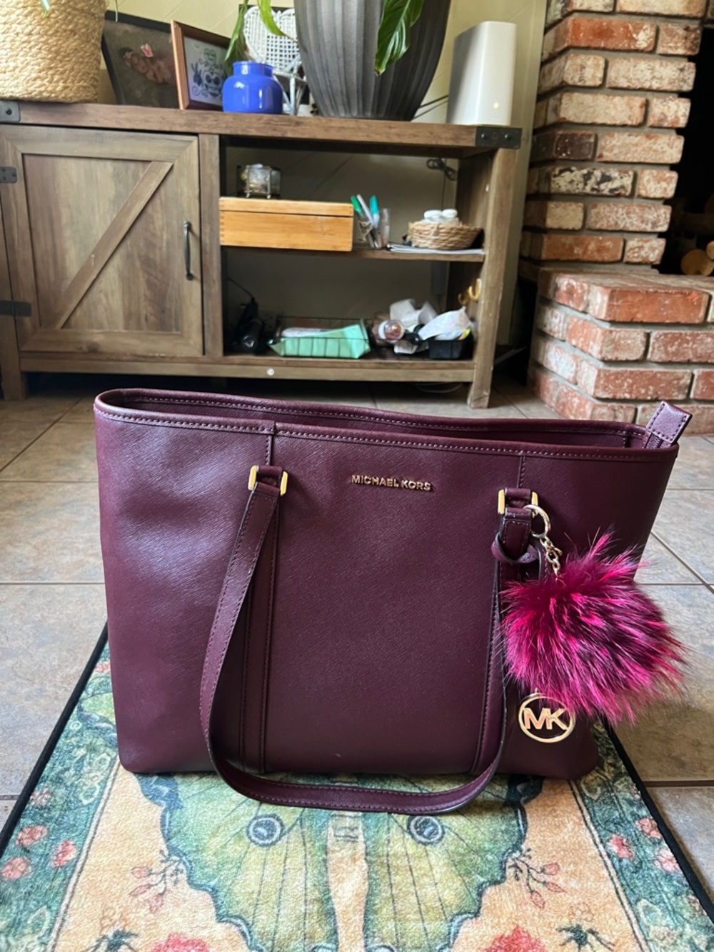 Michael Kors Plum Saffiano Tote with Magenta Pom Charm